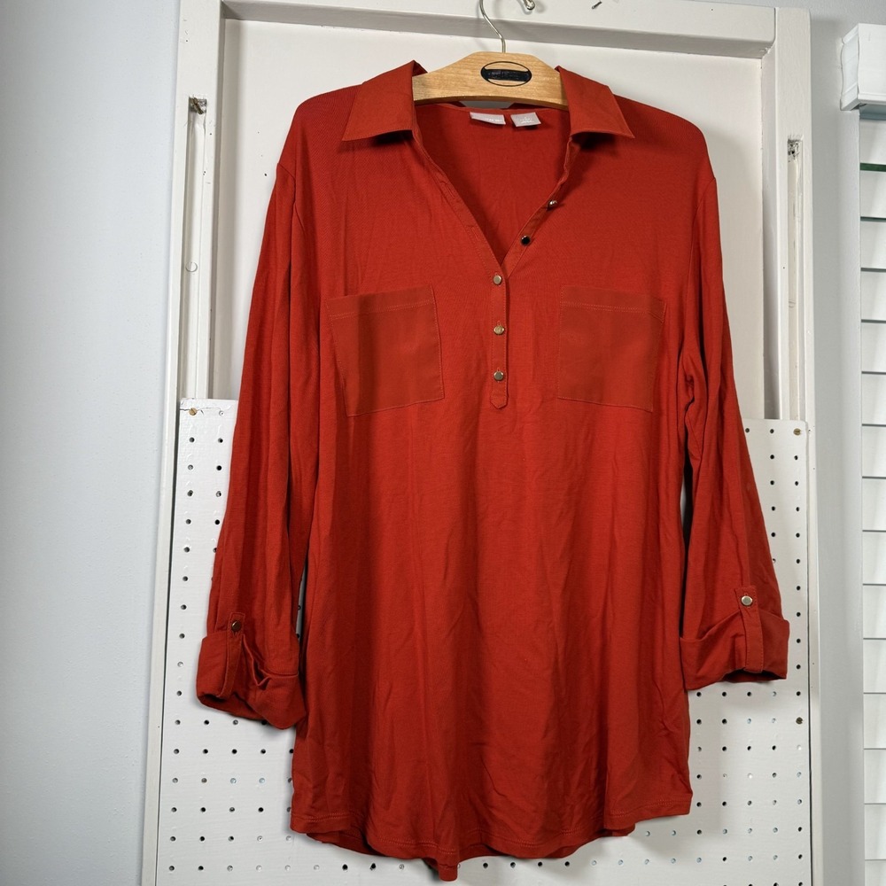 Chicos Henley Shirt Womens Large 2 Terracotta Rayon Chest Pocket Roll Tab Sleeve